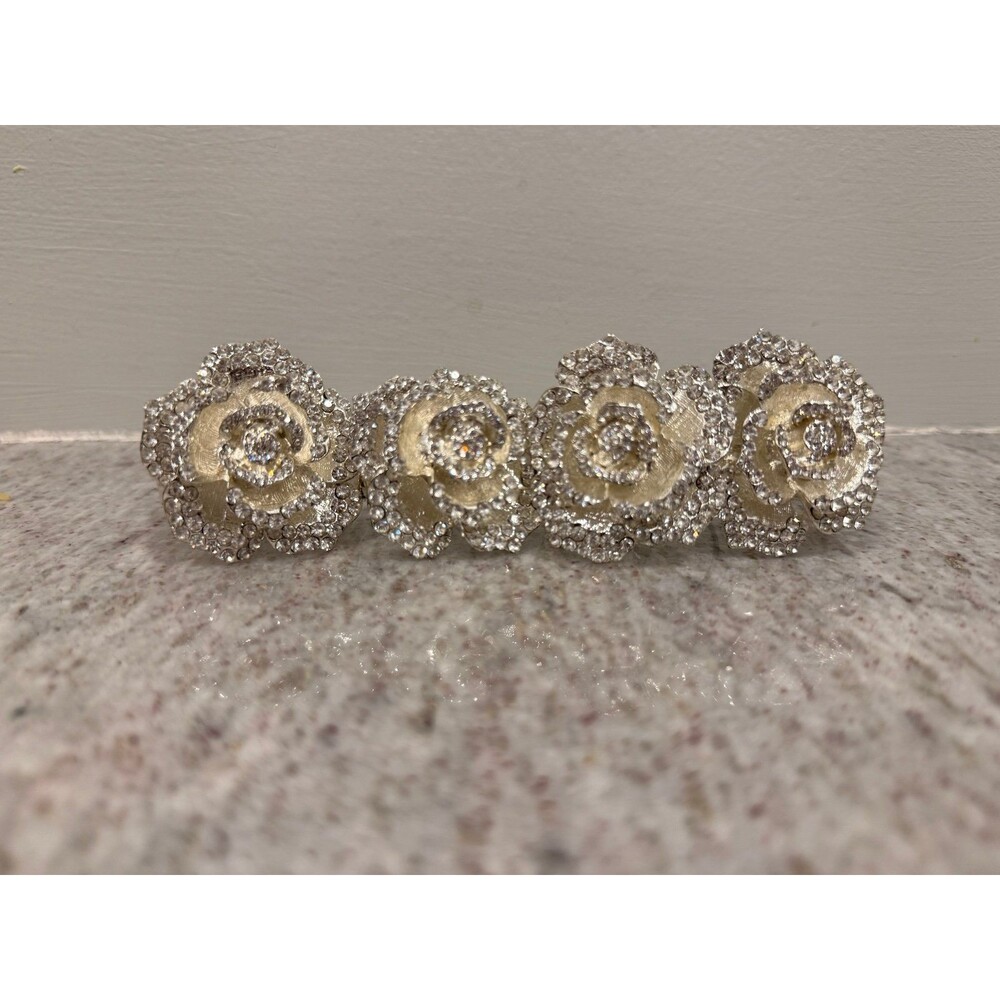 Set of 5 Rhinestone Silver Rose Napkin Rings – Crystal Floral Table Decor